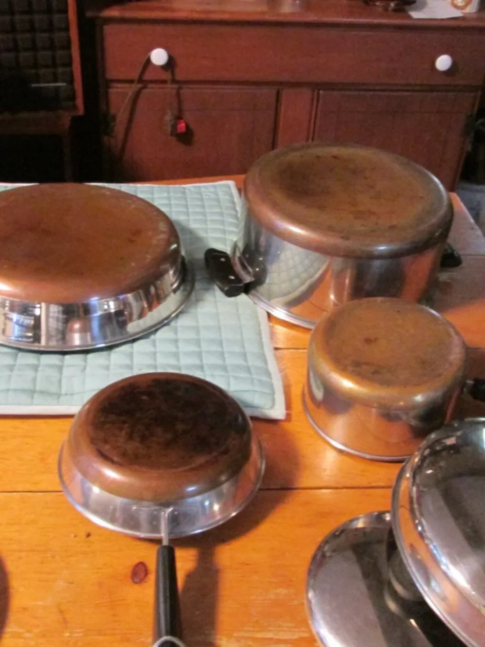 7 pc vtg 1801 Revereware frypan saucepan and lg dutch oven dome lid copper clad